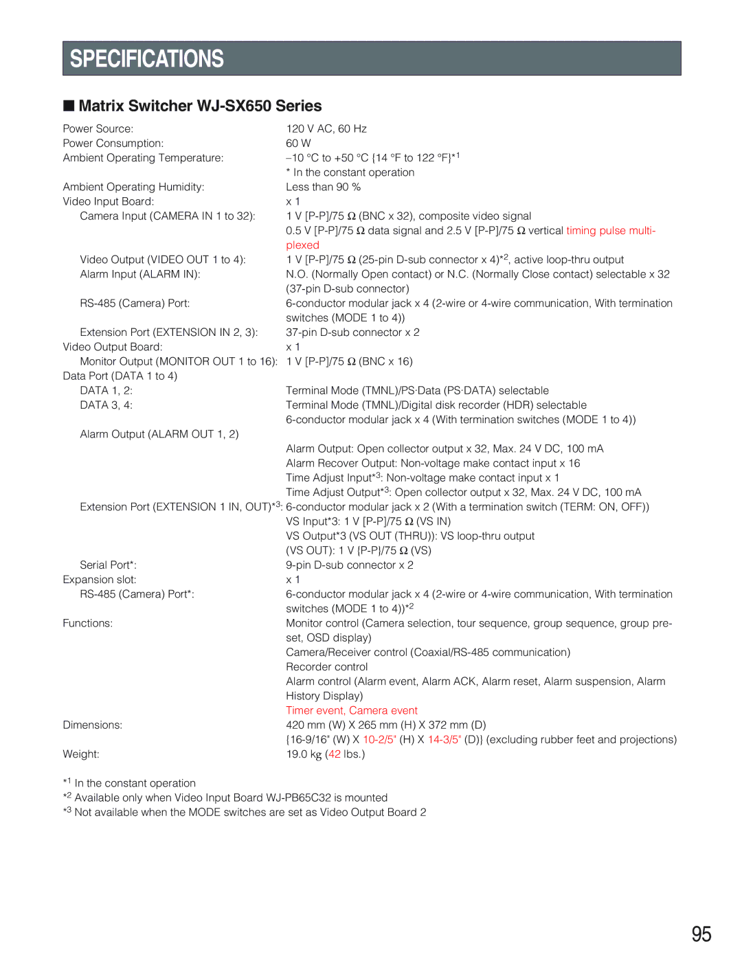 Panasonic manual Specifications, Matrix Switcher WJ-SX650 Series 