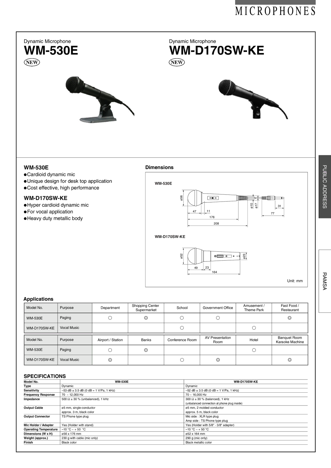 Panasonic WM-D170SW-KE, WM-530E specifications Dimensions, Applications 