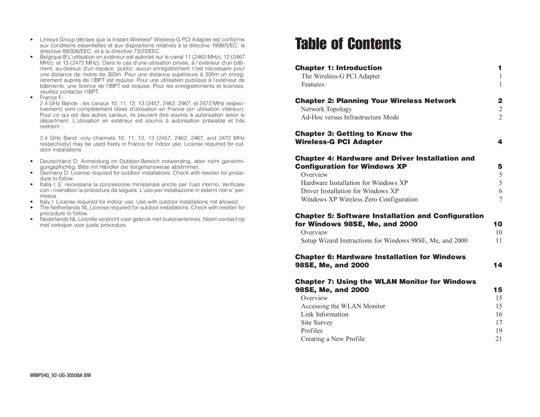 Panasonic WMP54G manual Table of Contents 