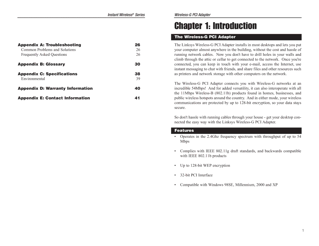 Panasonic WMP54G manual Introduction, Wireless-G PCI Adapter, Features 