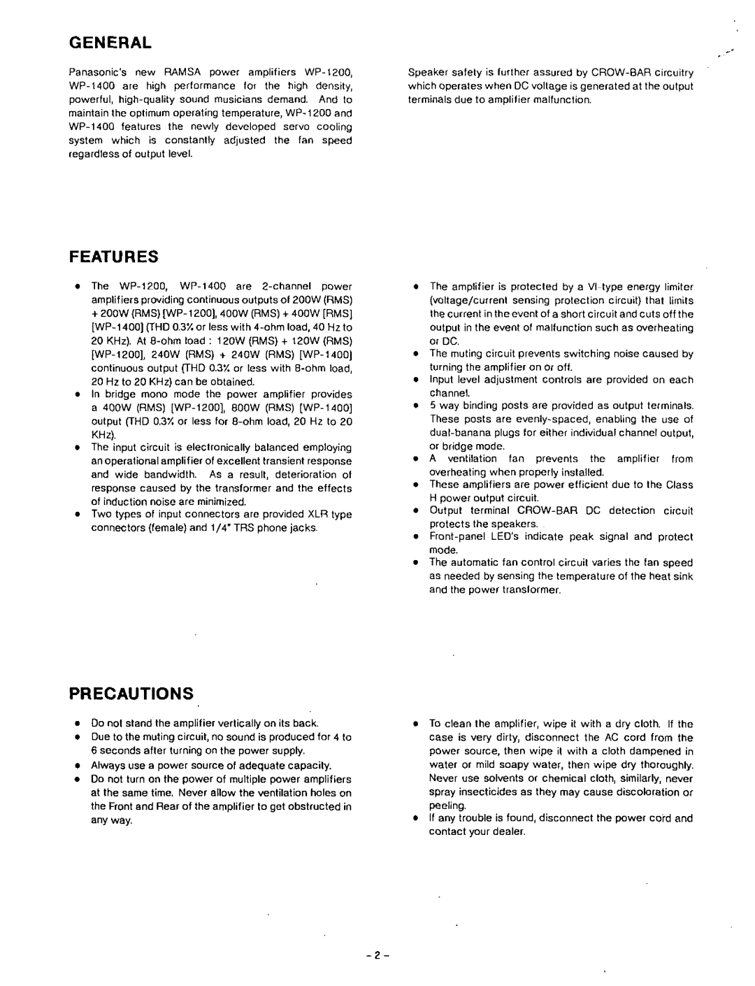 Panasonic WP-1400, WP-1200 manual 