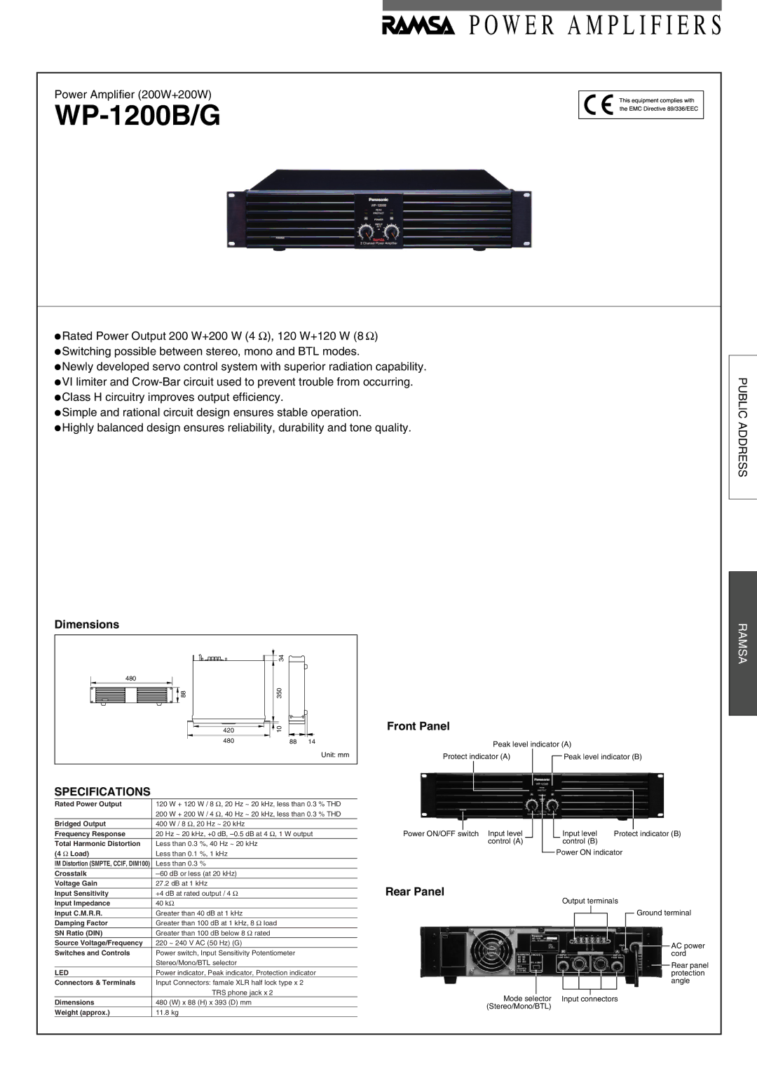 Panasonic WP-1200B/G dimensions Dimensions, Front Panel, Specifications, Rear Panel 