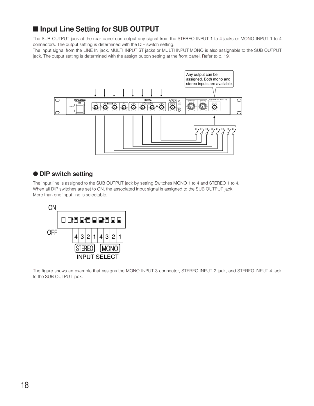 Panasonic WR-XS3P operating instructions Input Line Setting for SUB Output, DIP switch setting 