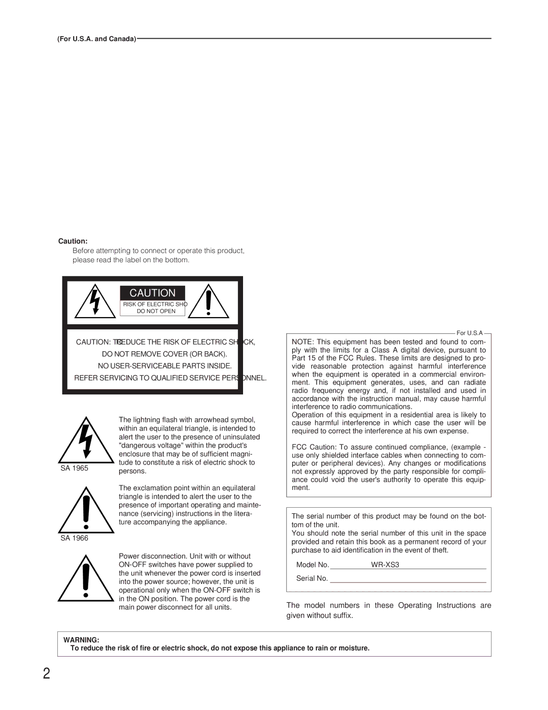 Panasonic WR-XS3P operating instructions 