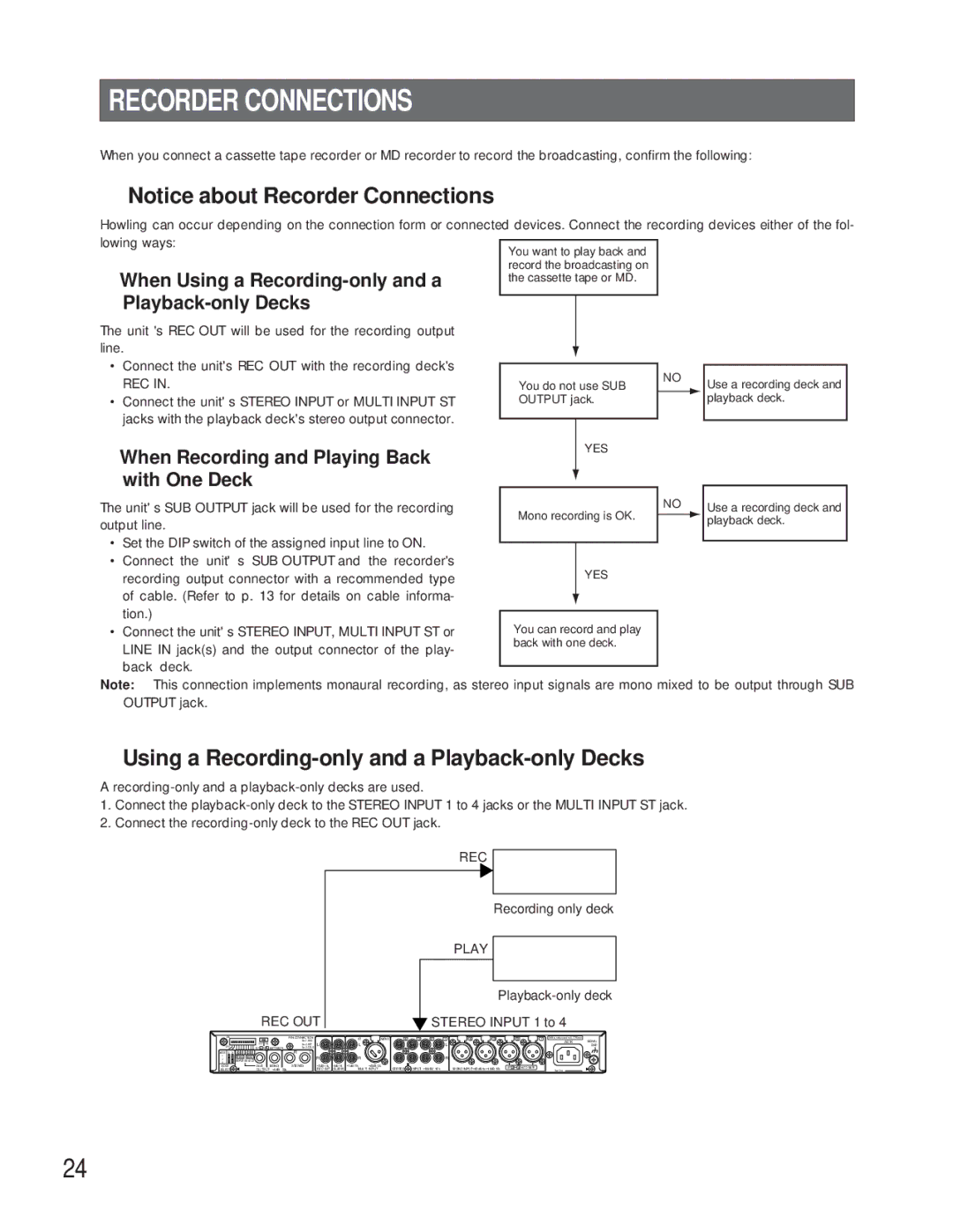 Panasonic WR-XS3P operating instructions Recorder Connections, Using a Recording-only and a Playback-only Decks 