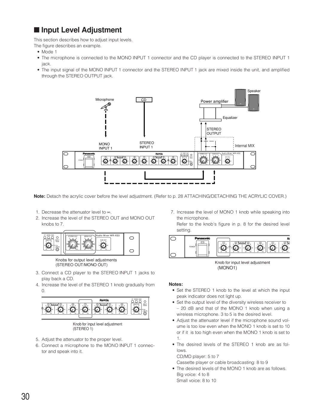 Panasonic WR-XS3P operating instructions Input Level Adjustment, MONO1 