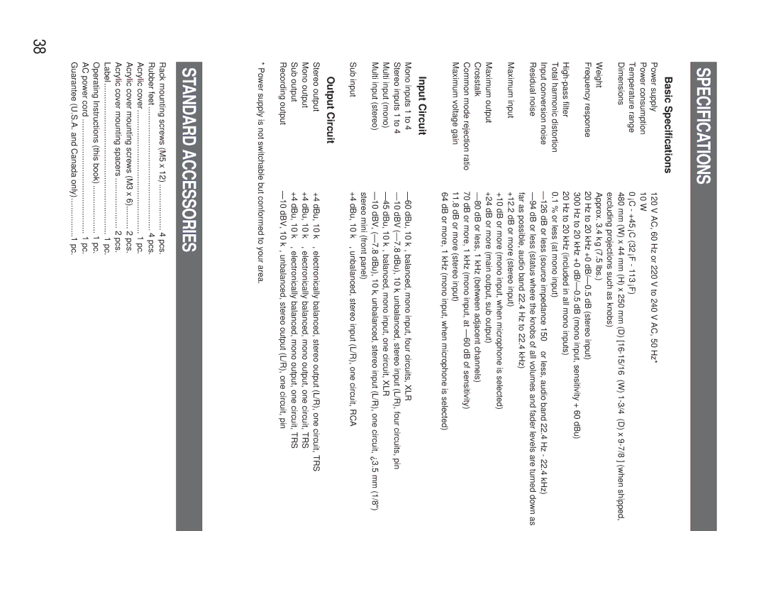 Panasonic WR-XS3P operating instructions Standard Accessories, Basic Specifications, Input Circuit, Output Circuit 