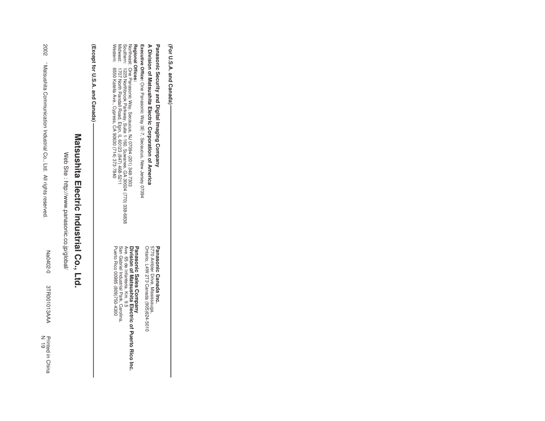 Panasonic WR-XS3P operating instructions Panasonic Sales Company 