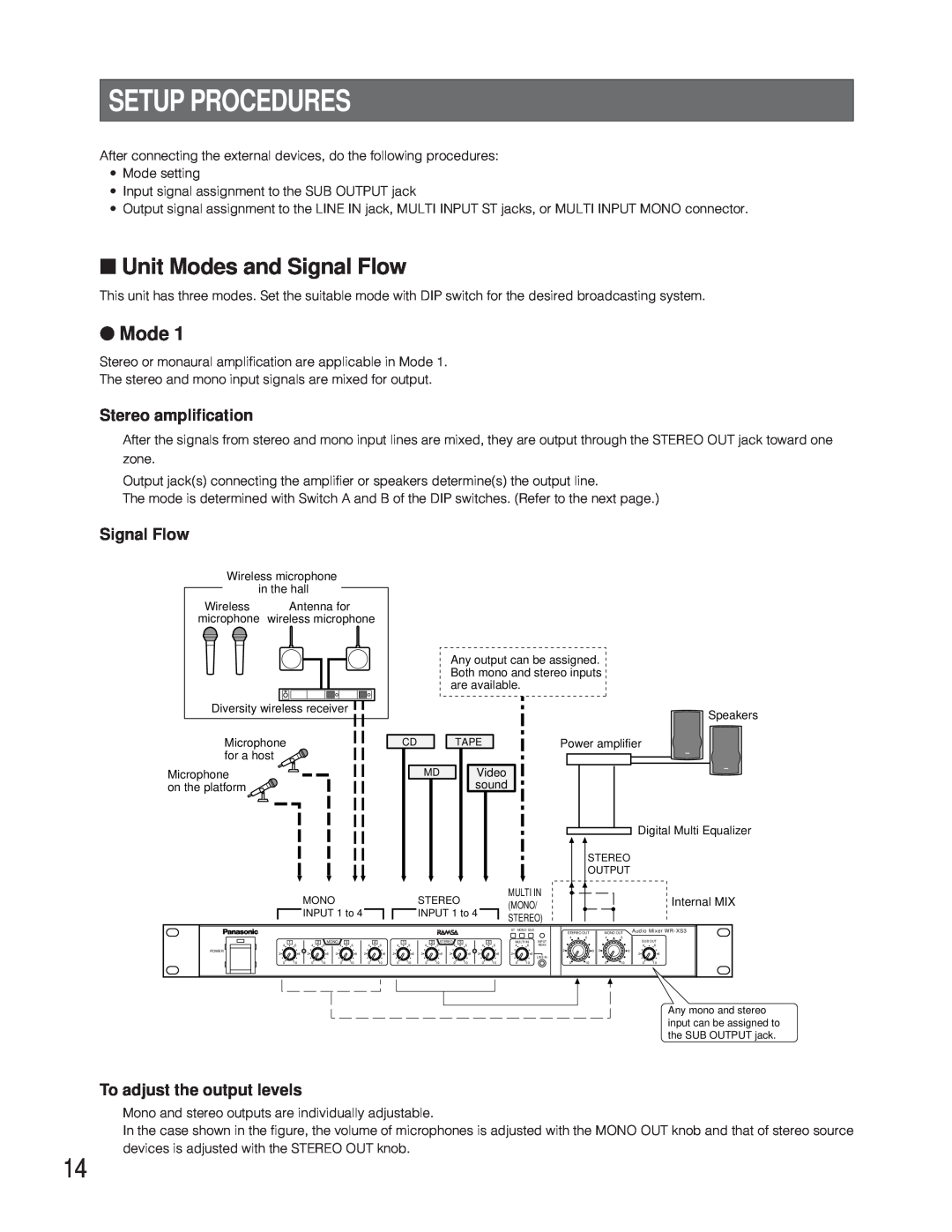 Panasonic WR-XS3P Setup Procedures, Unit Modes and Signal Flow, Stereo amplification, To adjust the output levels 