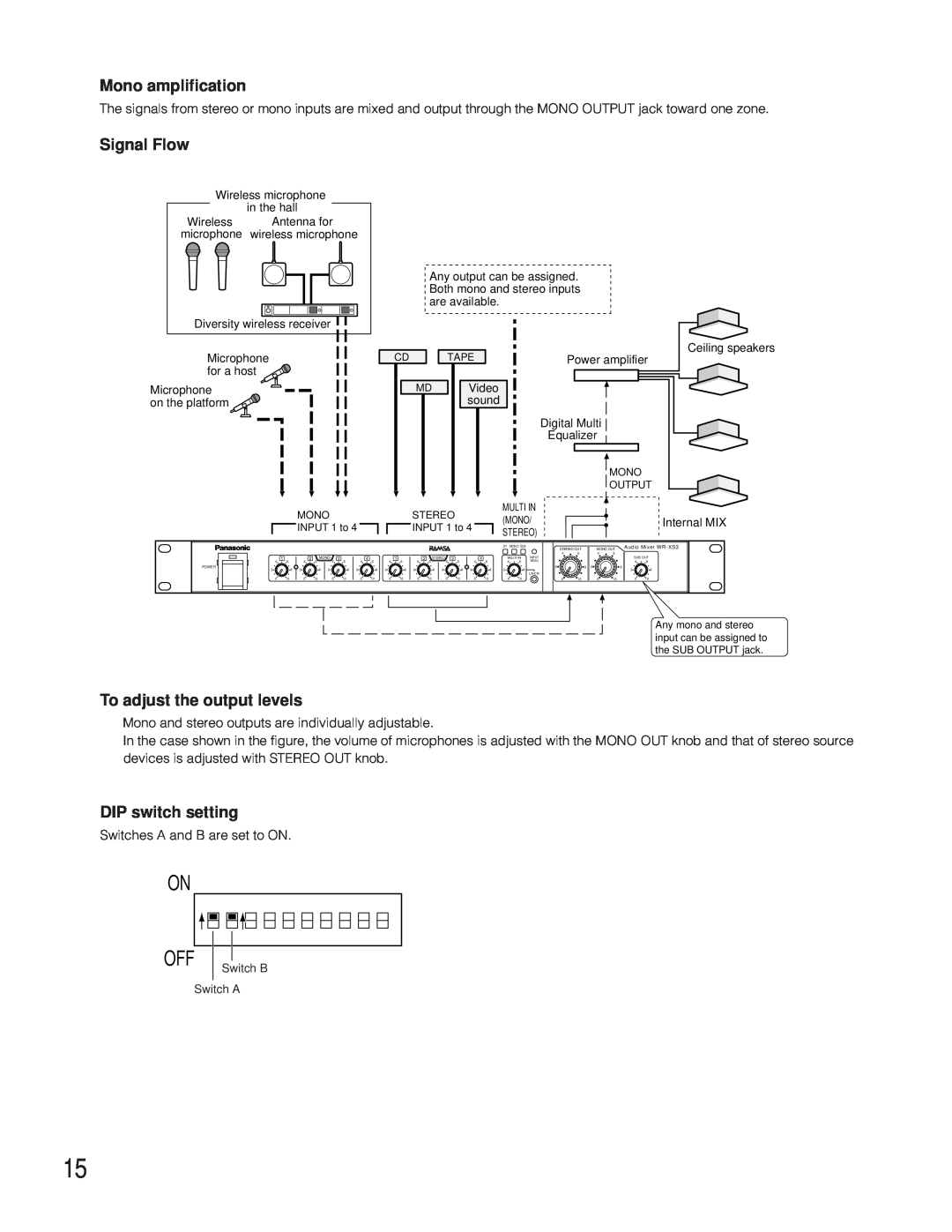 Panasonic WR-XS3P operating instructions Mono amplification, DIP switch setting, Signal Flow, To adjust the output levels 