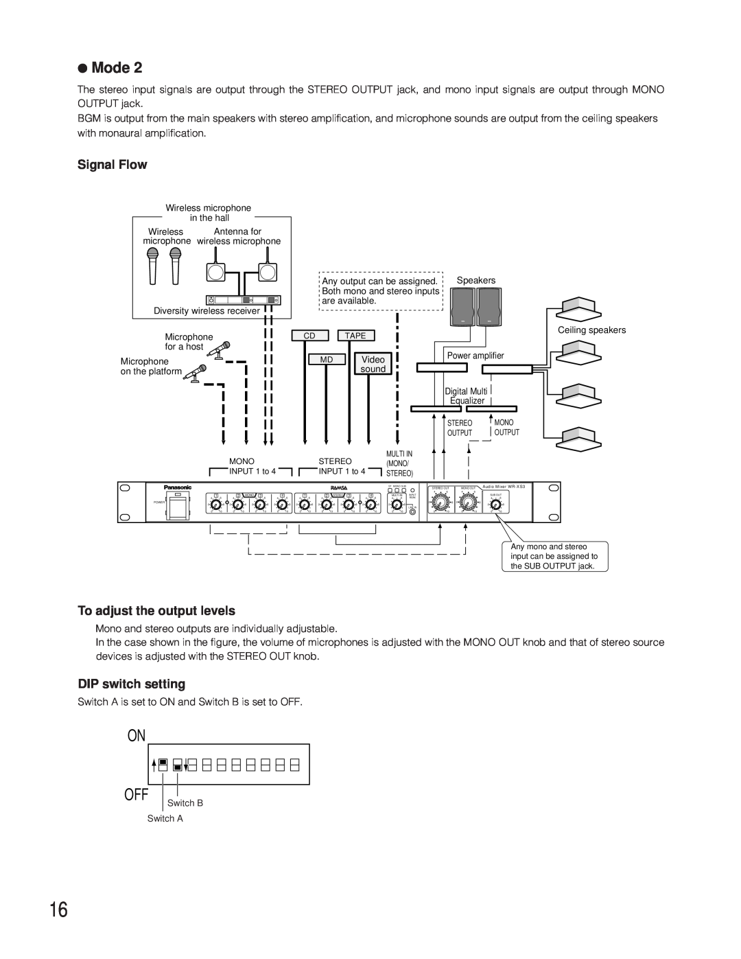 Panasonic WR-XS3P operating instructions On Off, Mode, Signal Flow, To adjust the output levels, DIP switch setting 
