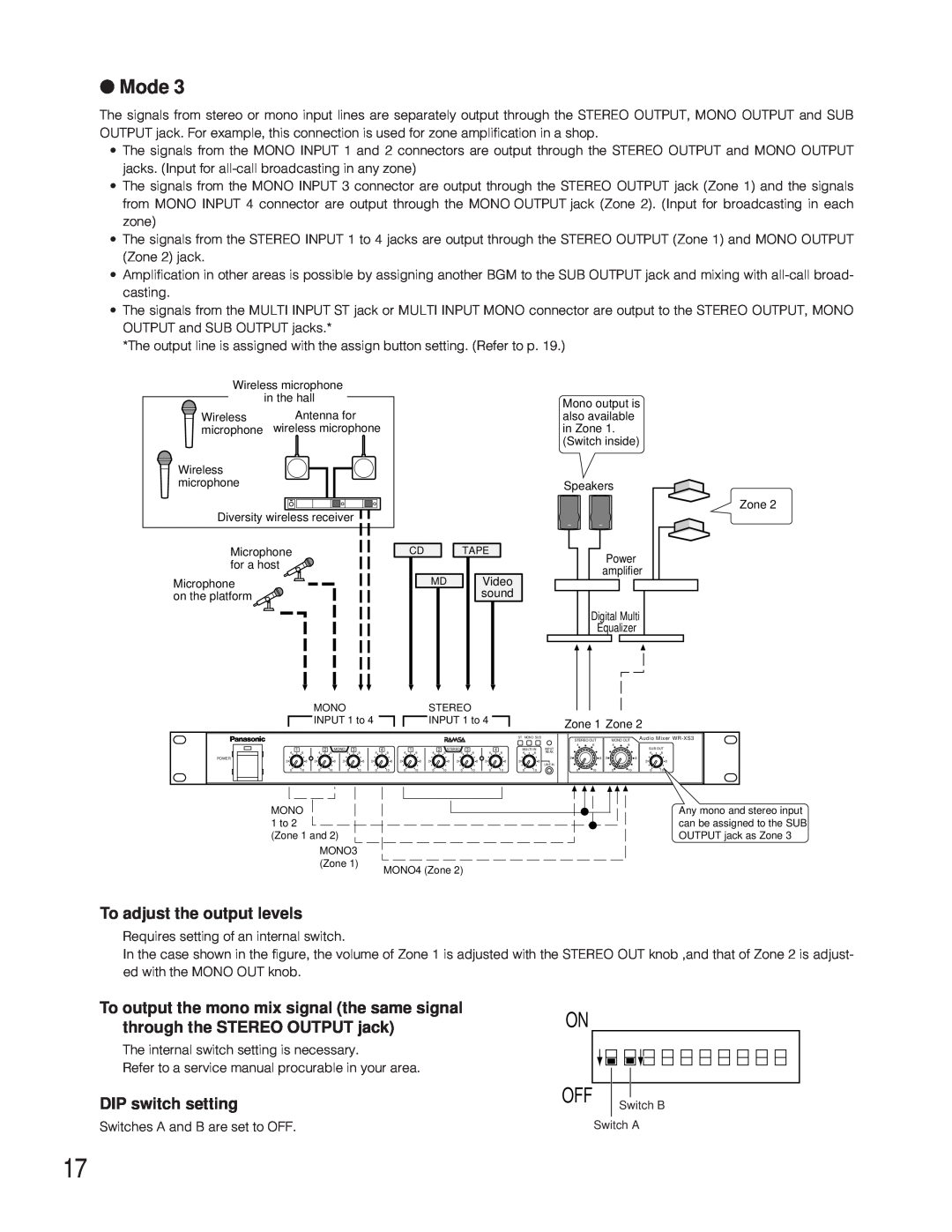 Panasonic WR-XS3P operating instructions On Off, Mode, To adjust the output levels, DIP switch setting 
