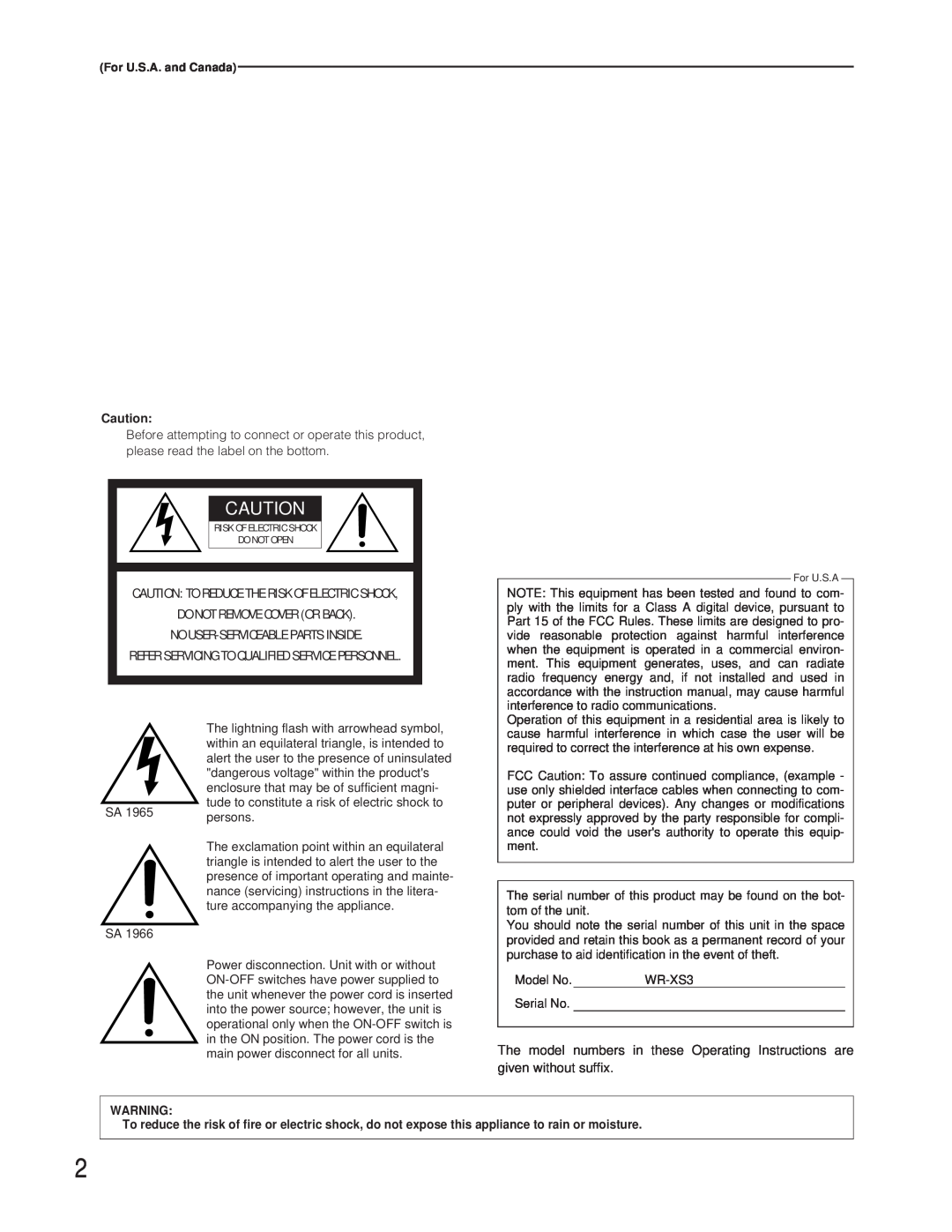 Panasonic WR-XS3P operating instructions Caution To Reduce The Risk Of Electric Shock 
