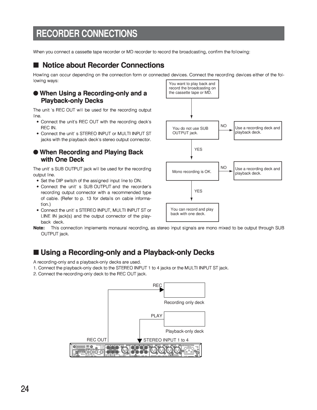 Panasonic WR-XS3P Notice about Recorder Connections, Using a Recording-onlyand a Playback-onlyDecks 