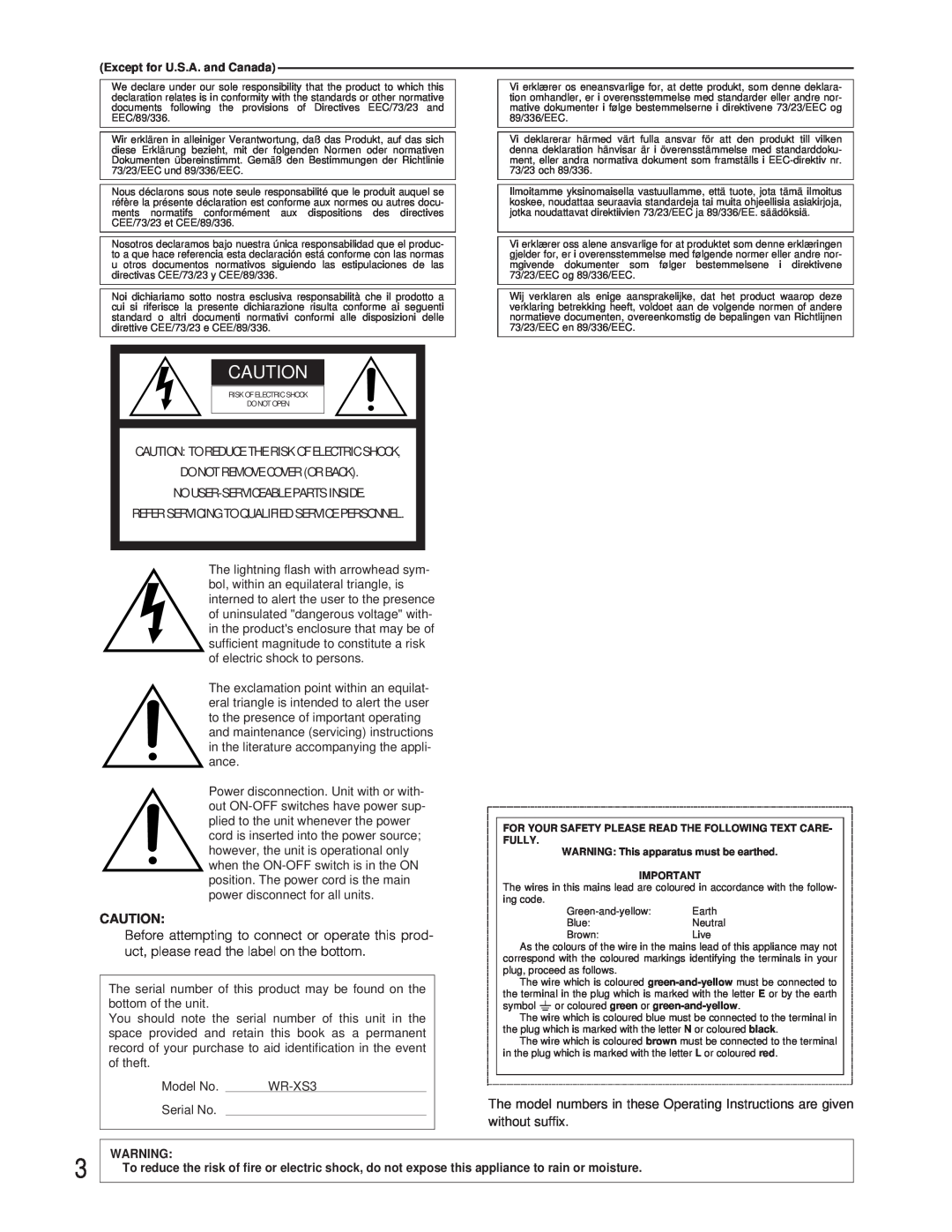 Panasonic WR-XS3P operating instructions Caution To Reduce The Risk Of Electric Shock 