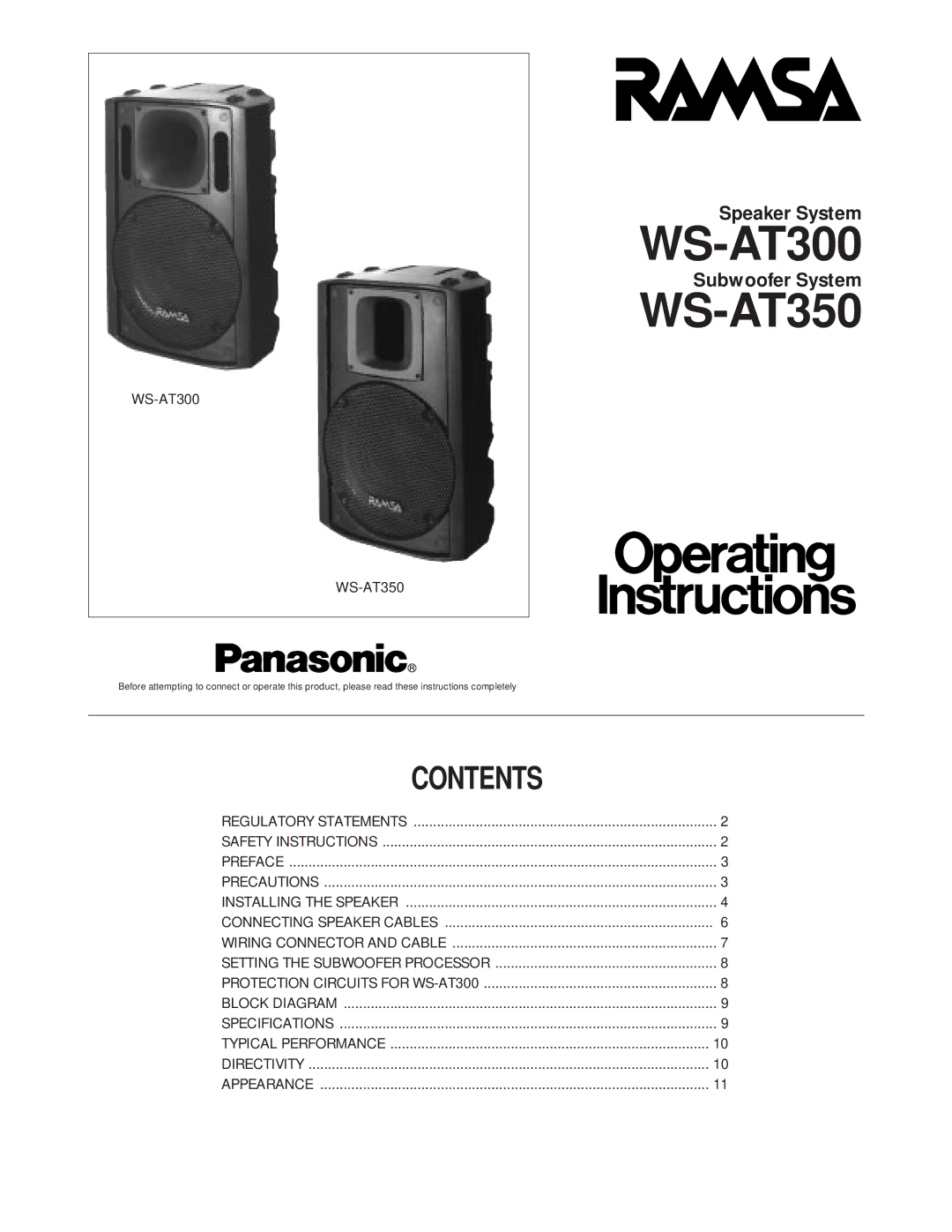 Panasonic WS-AT300 specifications 