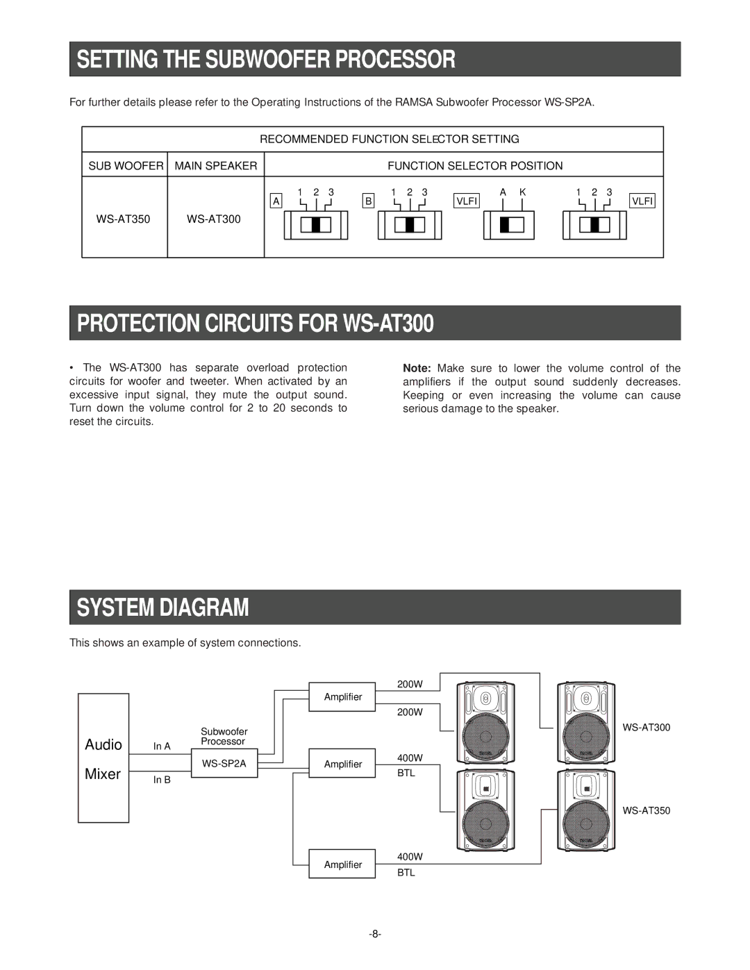 Panasonic specifications Setting the Subwoofer Processor, Protection Circuits for WS-AT300, System Diagram 