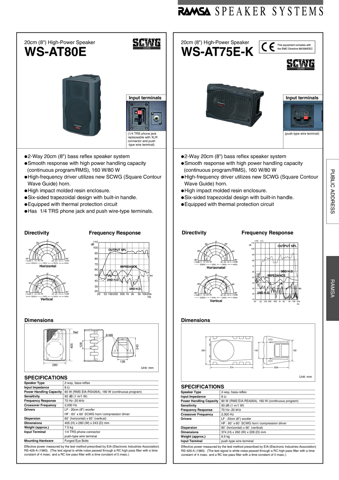 Panasonic WS-AT80E dimensions WS-AT75E-K, Directivity Frequency Response, Dimensions, Specifications 