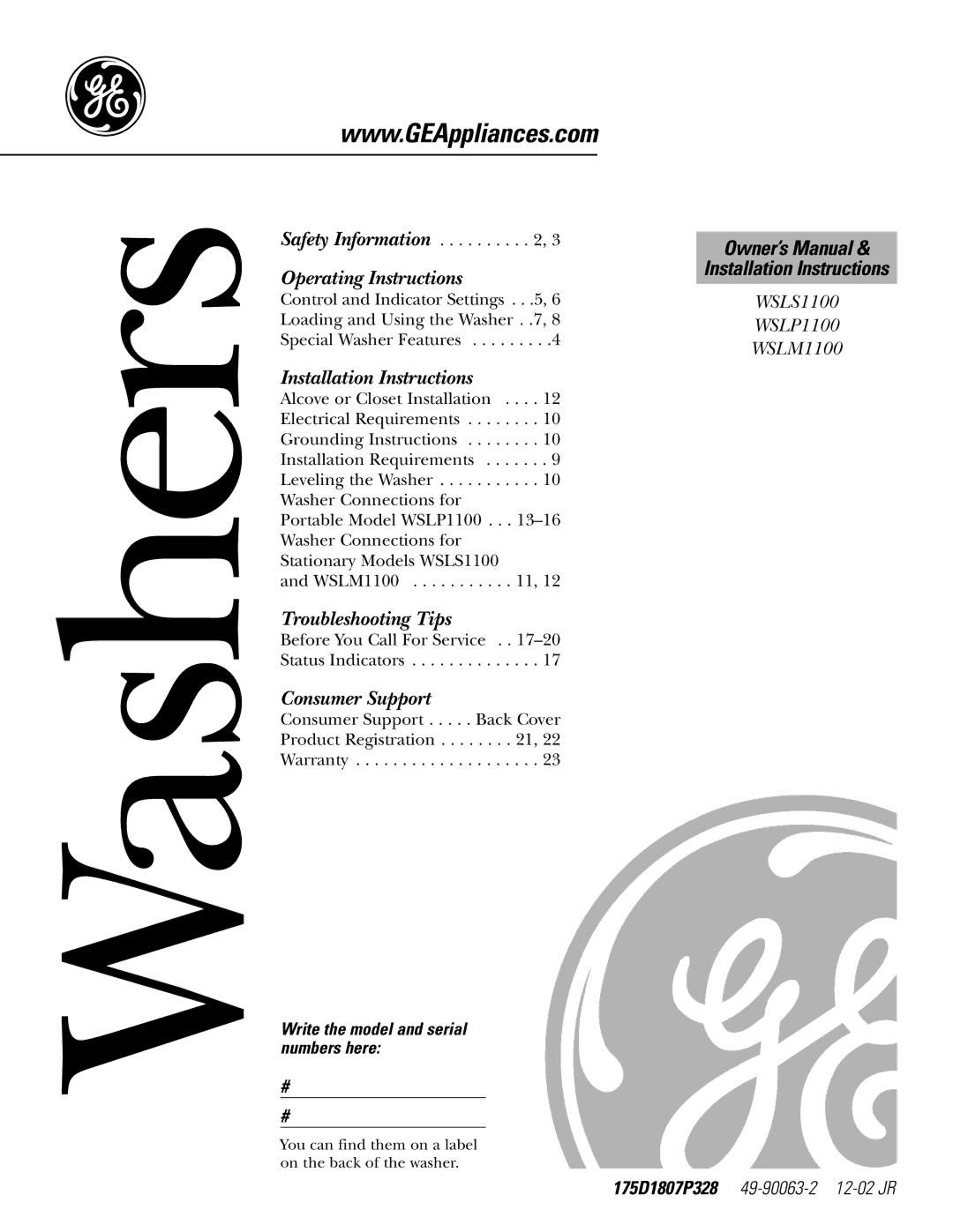 Panasonic WSLS1100, WSLP1100, WSLM1100 owner manual Washers 