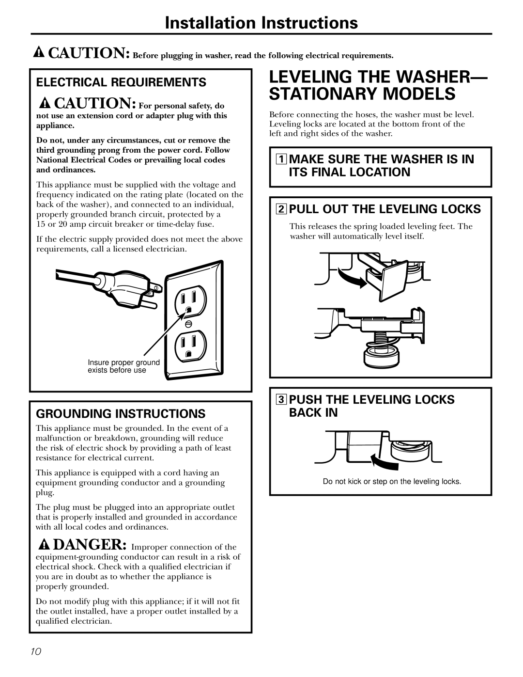 Panasonic WSLS1100, WSLP1100, WSLM1100 Electrical Requirements, Grounding Instructions, Push the Leveling Locks Back 