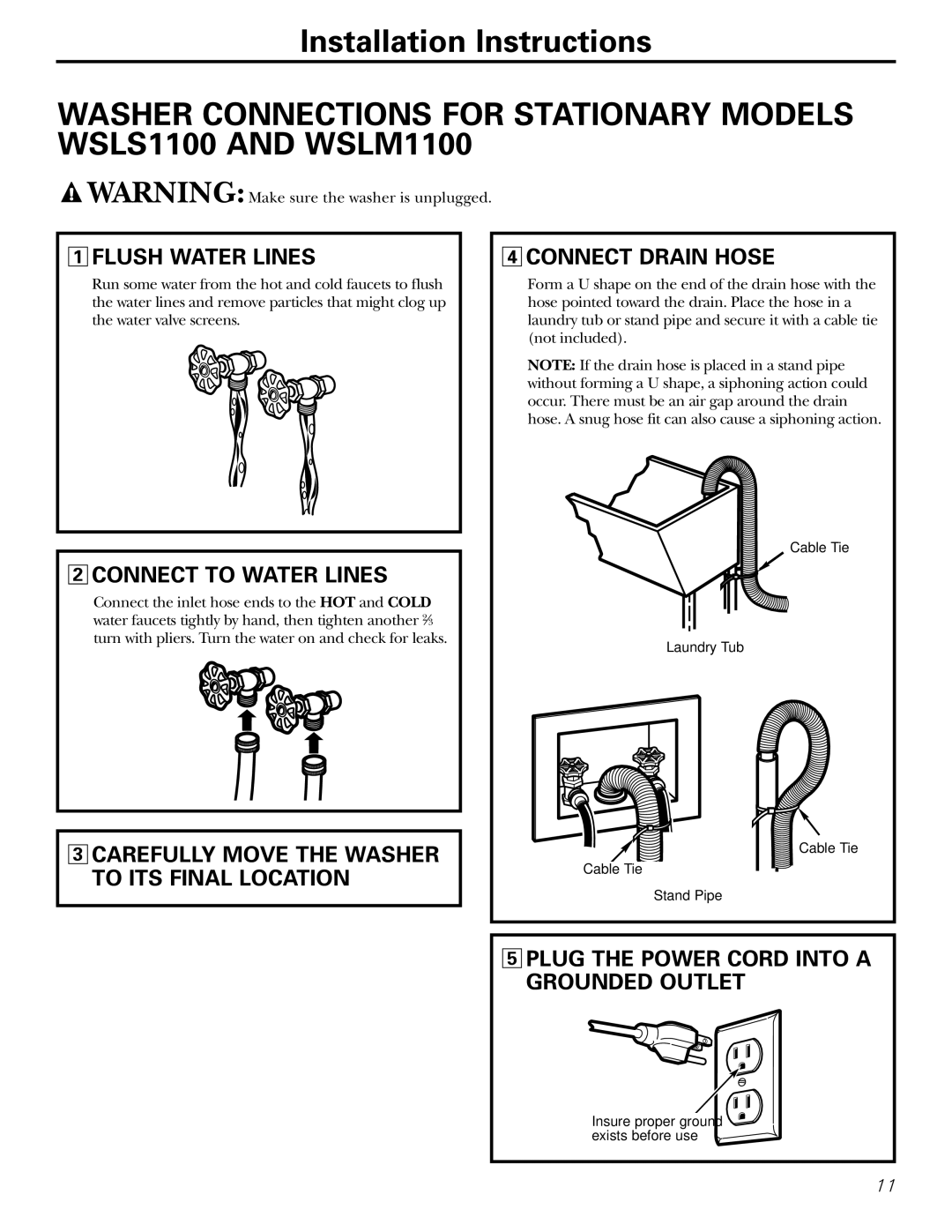 Panasonic WSLM1100, WSLP1100, WSLS1100 owner manual Flush Water Lines, Connect to Water Lines, Connect Drain Hose 