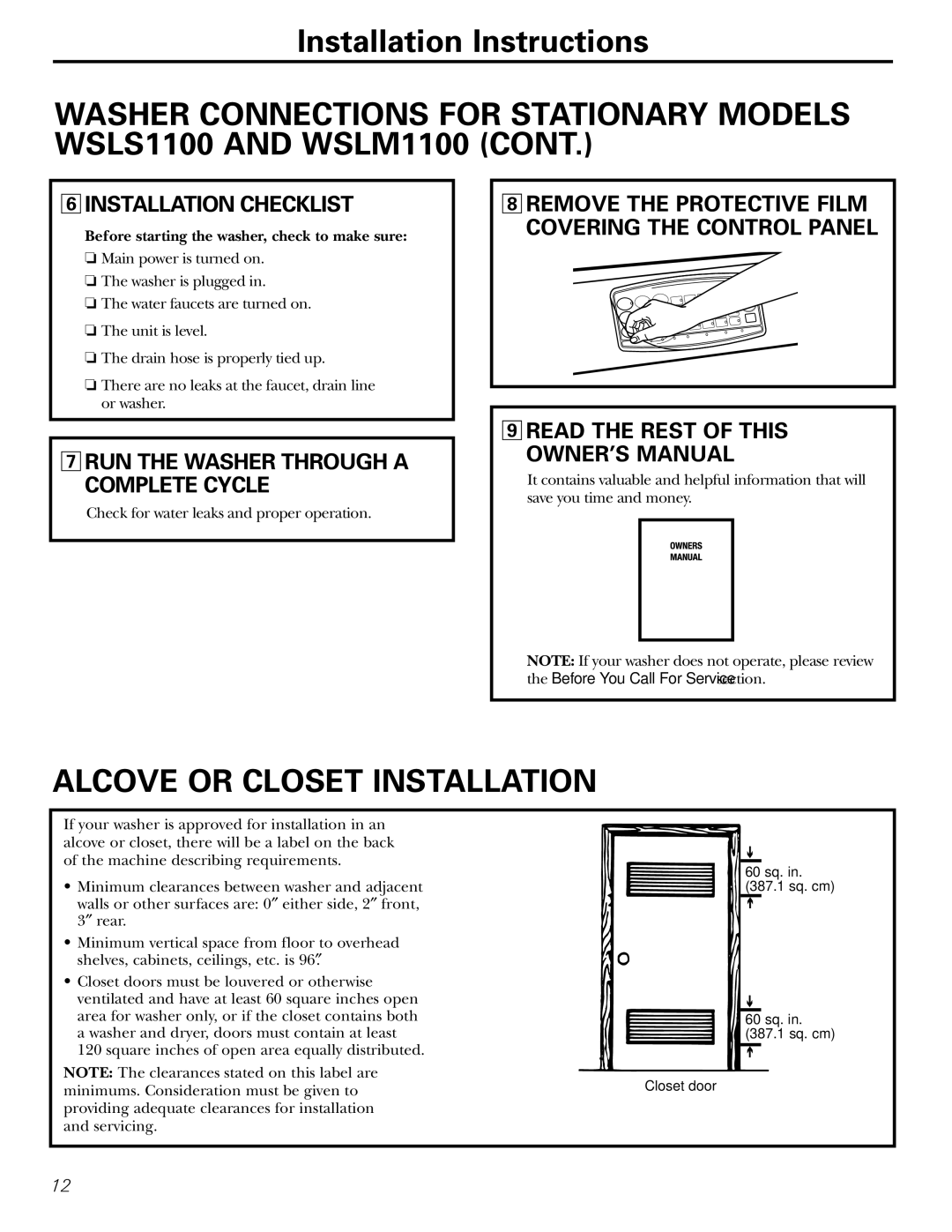 Panasonic WSLP1100, WSLS1100 Installation Checklist, RUN the Washer Through a Complete Cycle, Read the Rest of this 