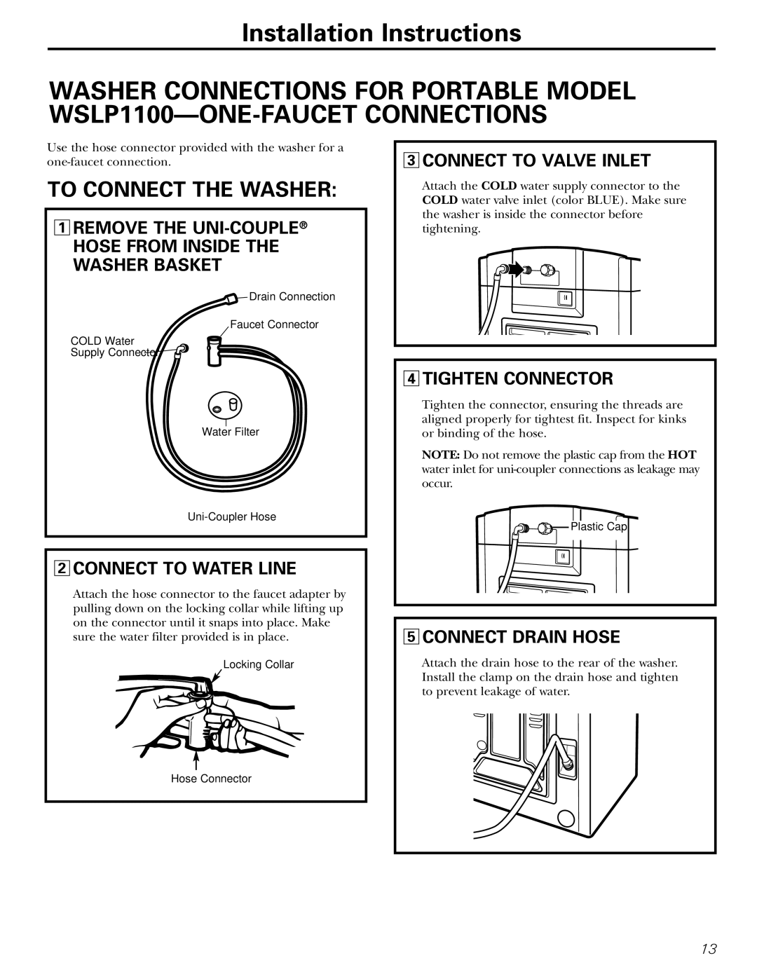 Panasonic WSLS1100, WSLP1100, WSLM1100 owner manual Connect to Water Line, Connect to Valve Inlet, Tighten Connector 