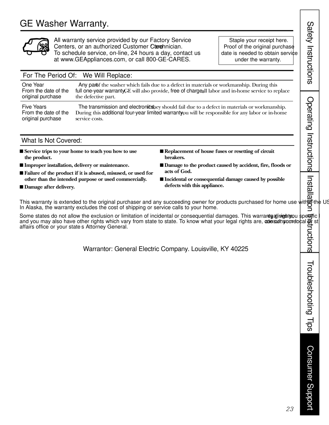 Panasonic WSLM1100, WSLP1100, WSLS1100 owner manual One Year, Five Years 