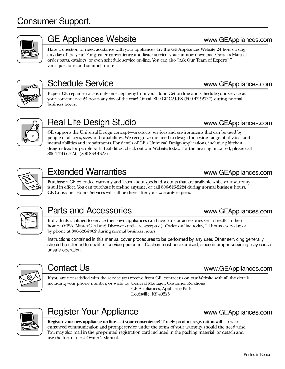 Panasonic WSLP1100 Consumer Support GE Appliances Website, Schedule Service, Real Life Design Studio, Extended Warranties 