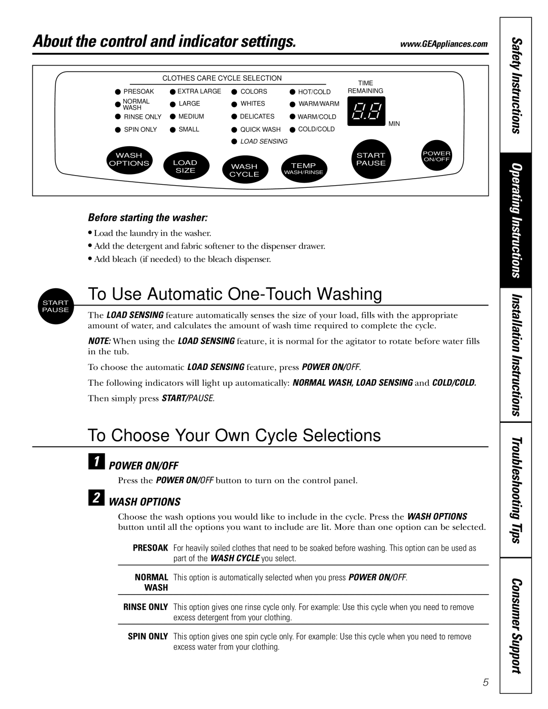 Panasonic WSLM1100, WSLP1100, WSLS1100 About the control and indicator settings, To Use Automatic One-Touch Washing 