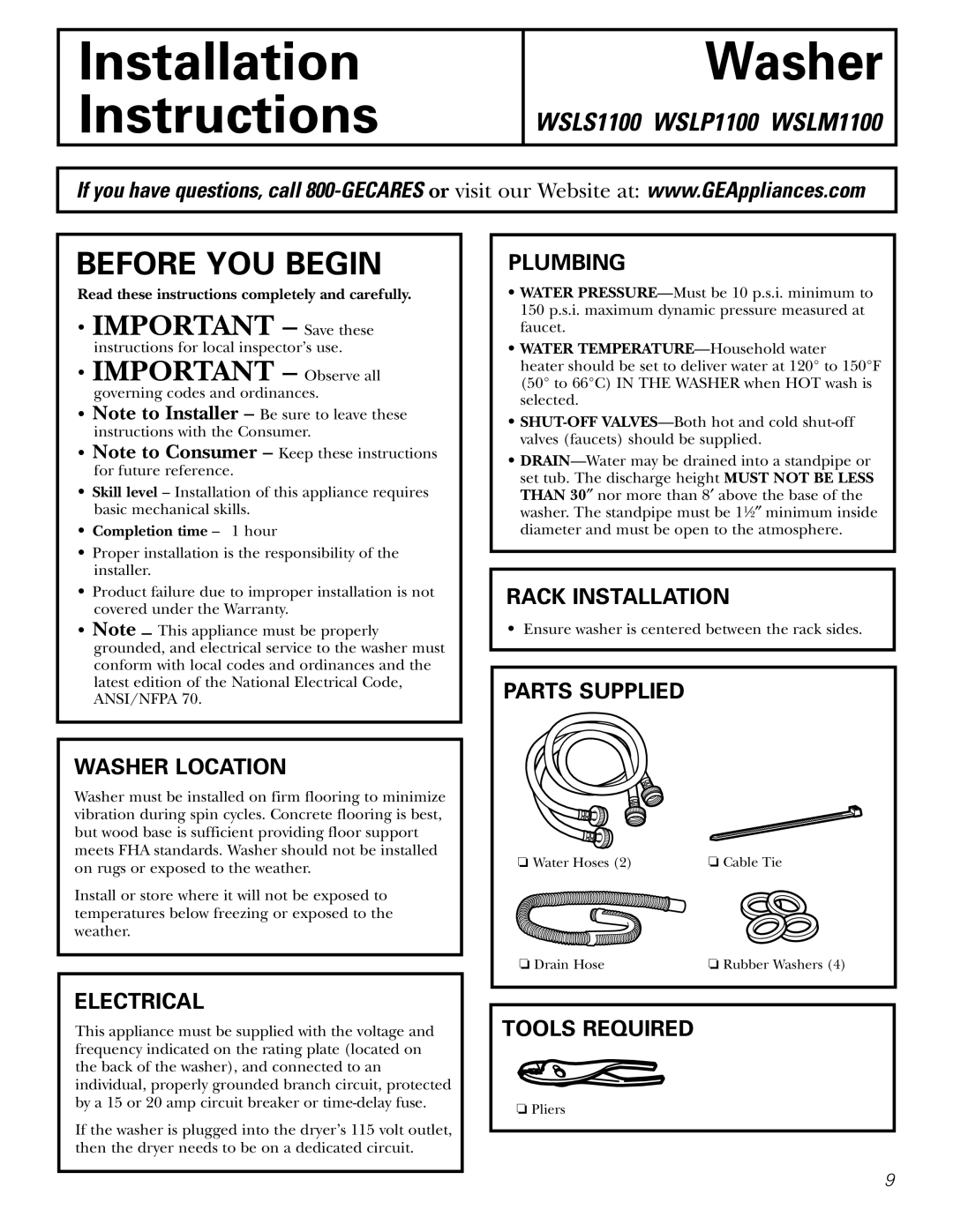 Panasonic WSLP1100, WSLS1100 Washer Location, Plumbing, Rack Installation, Parts Supplied, Electrical, Tools Required 