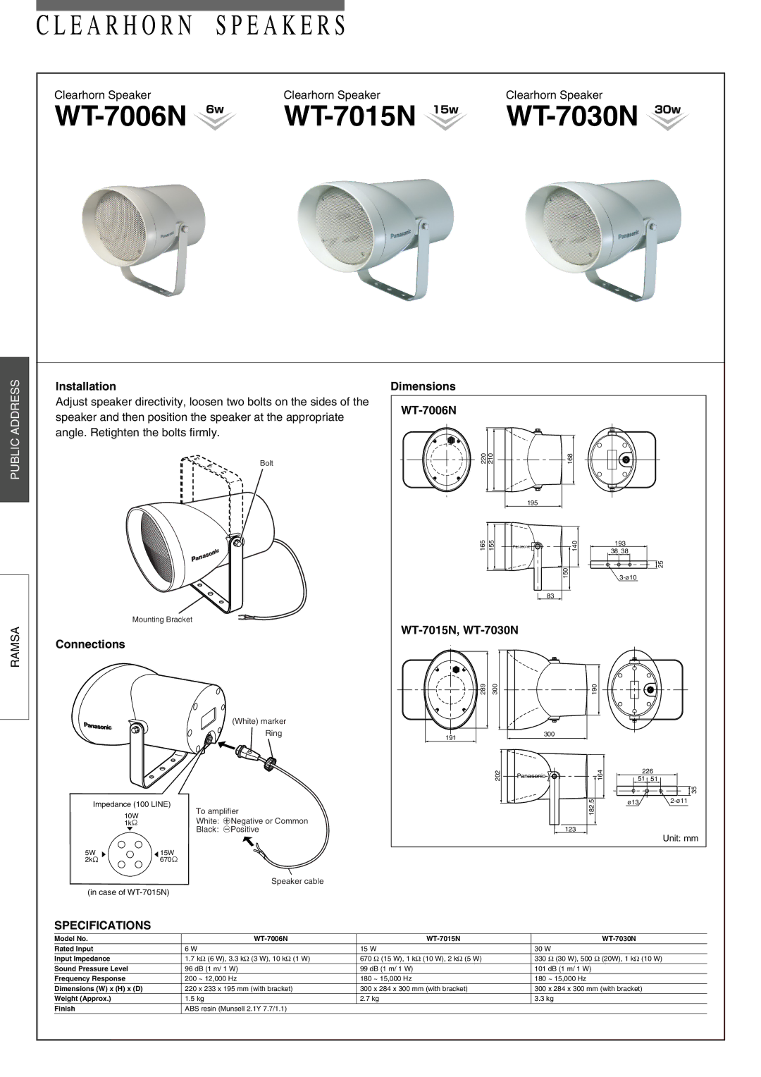 Panasonic specifications E a R H O R N S P E a K E R S, WT-7006N WT-7015N, WT-7030N, Specifications 