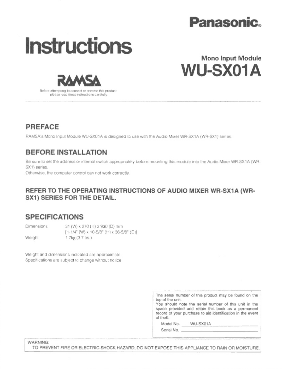 Panasonic WU-SX01A manual 