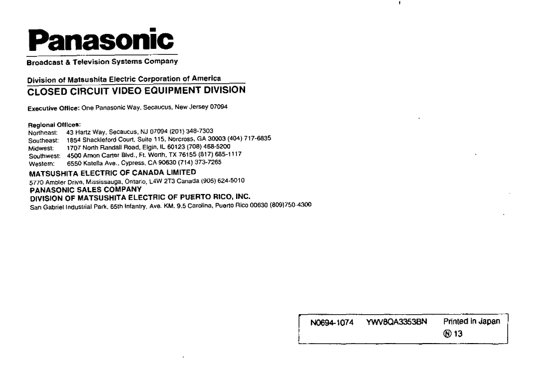 Panasonic WV-7110A manual 