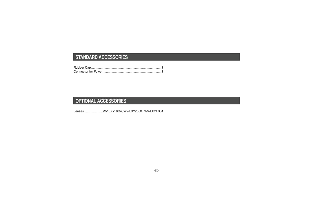 Panasonic WV-BF102, WV-CF202 manual Standard Accessories, Optional Accessories 