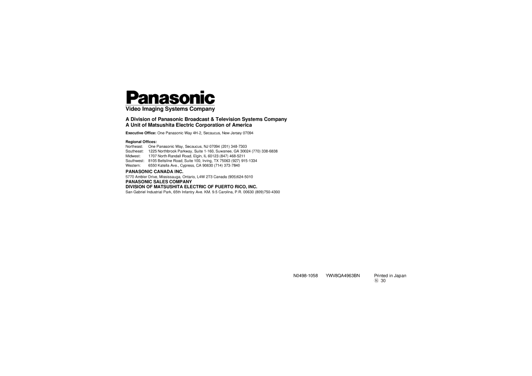 Panasonic WV-CF202, WV-BF102 manual Video Imaging Systems Company, Regional Offices 