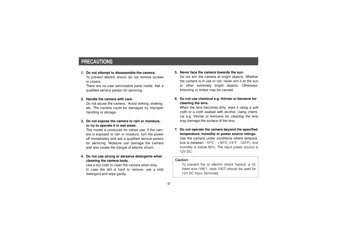 Panasonic WV-CF202, WV-BF102 manual Precautions, Do not attempt to disassemble the camera, Handle the camera with care 