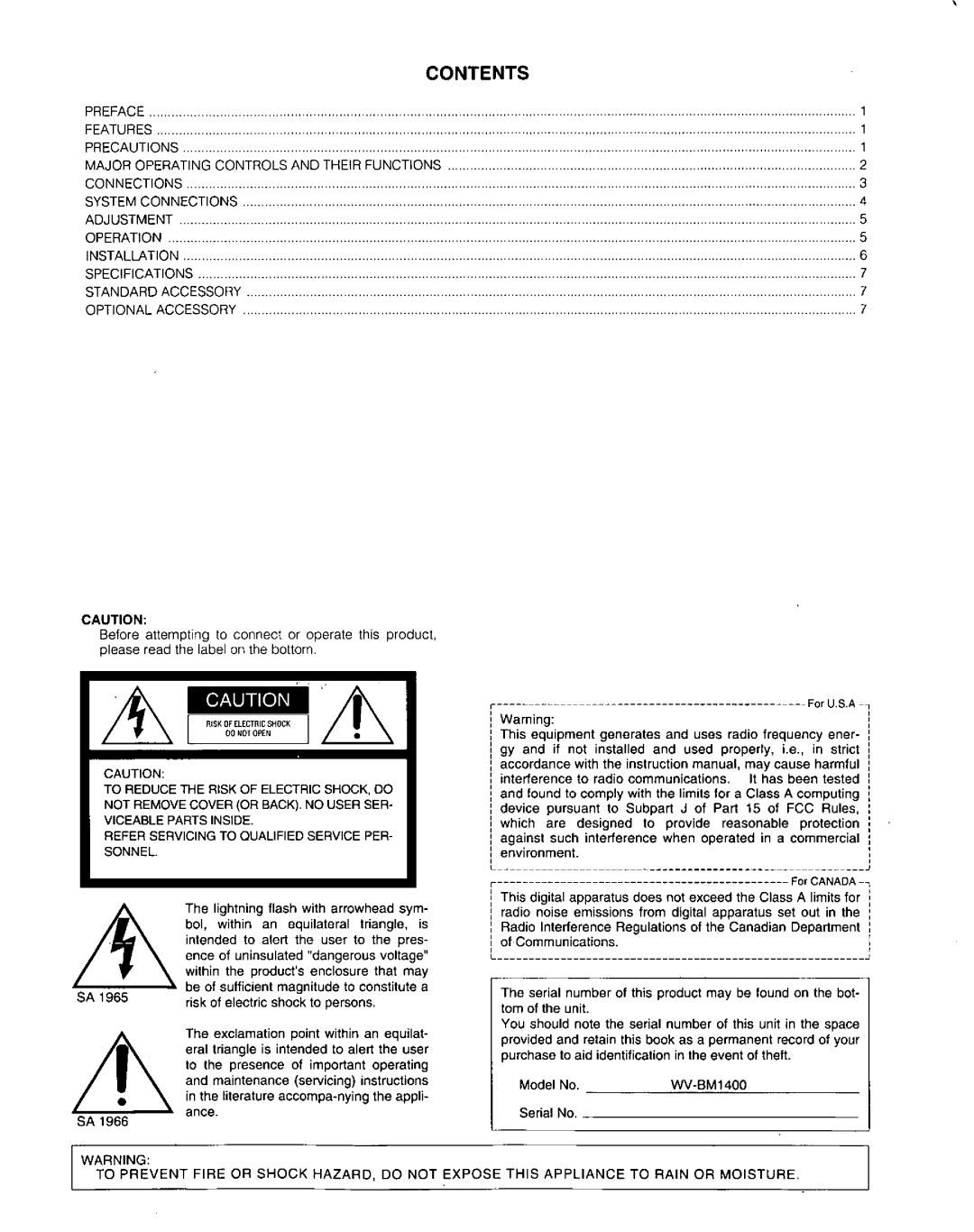 Panasonic WV-BM1400 manual 