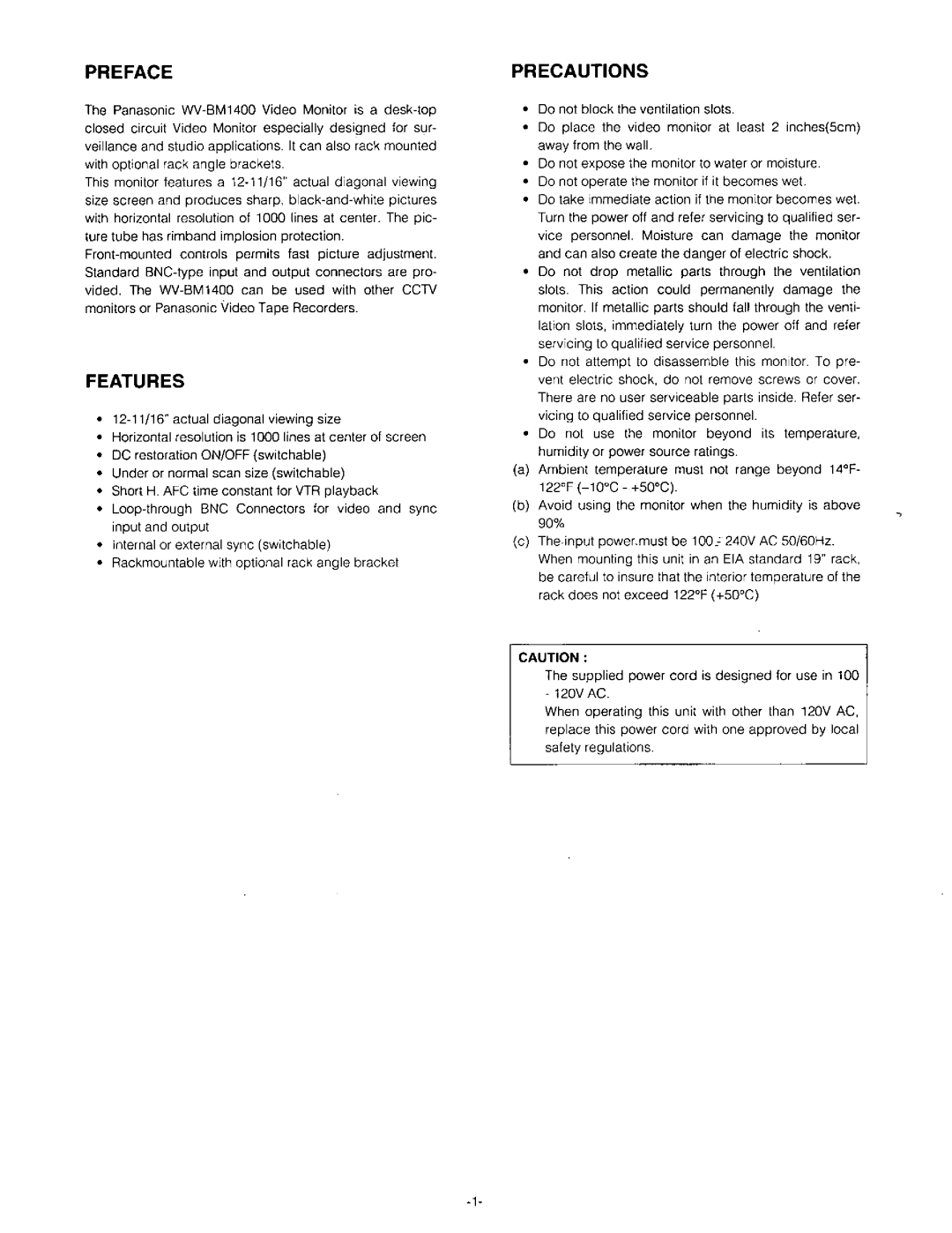 Panasonic WV-BM1400 manual 