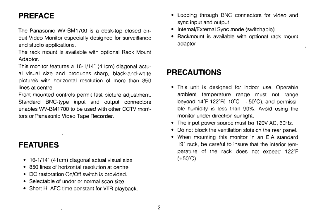 Panasonic WV-BM1700 manual 