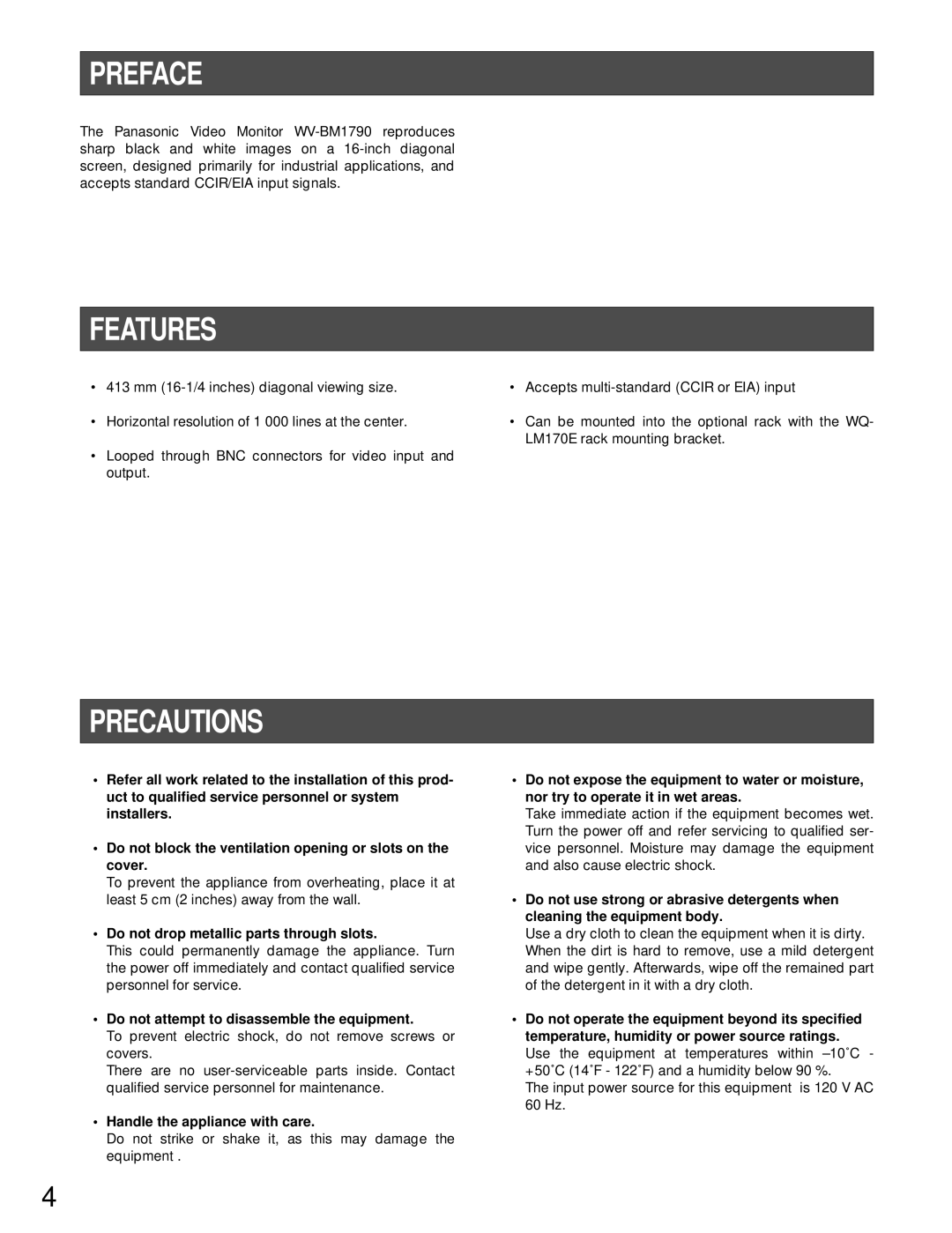 Panasonic WV-BM1790 operating instructions Preface, Features, Precautions 