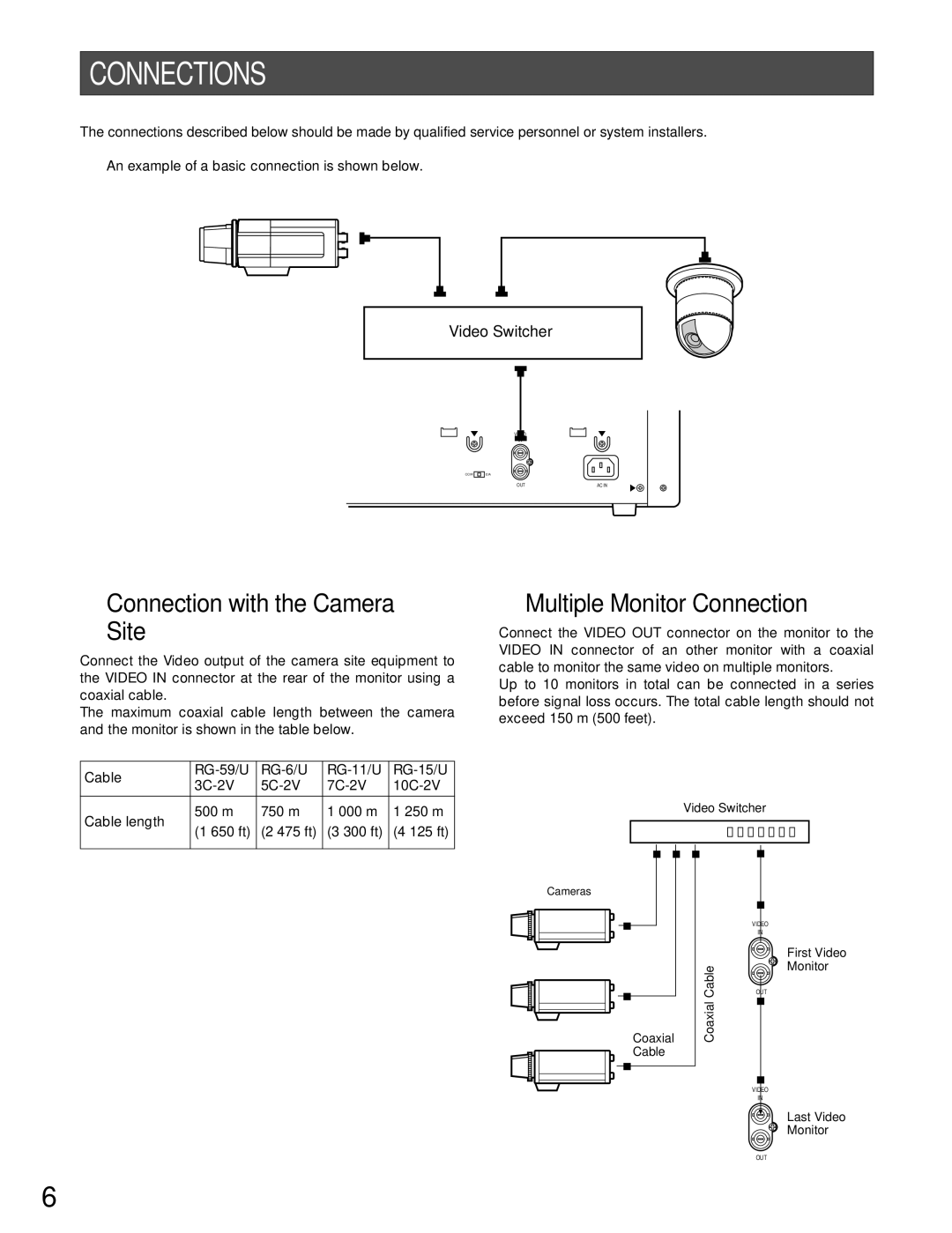 Panasonic WV-BM1790 operating instructions Connections, Connection with the Camera Site 