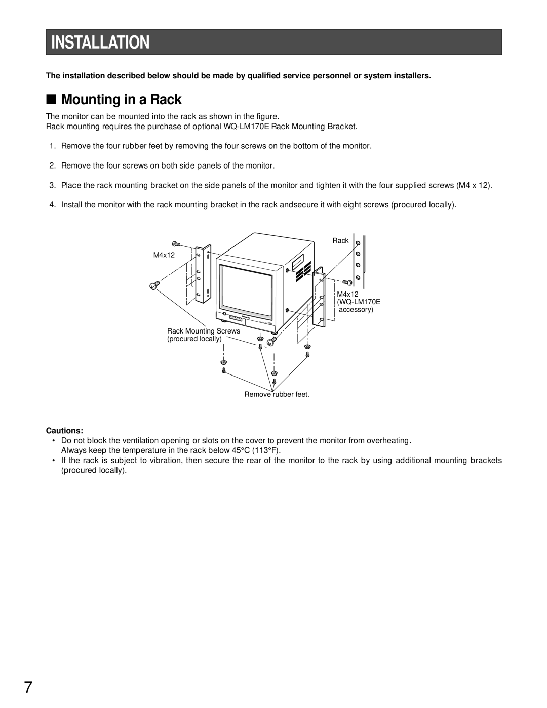 Panasonic WV-BM1790 operating instructions Installation, Mounting in a Rack 