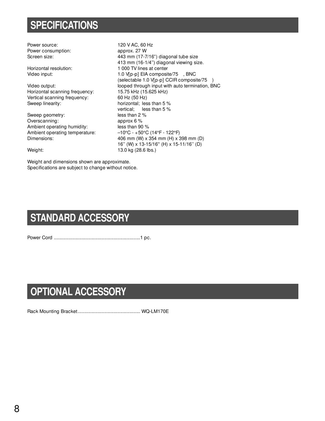 Panasonic WV-BM1790 operating instructions Specifications, Standard Accessory, Optional Accessory 