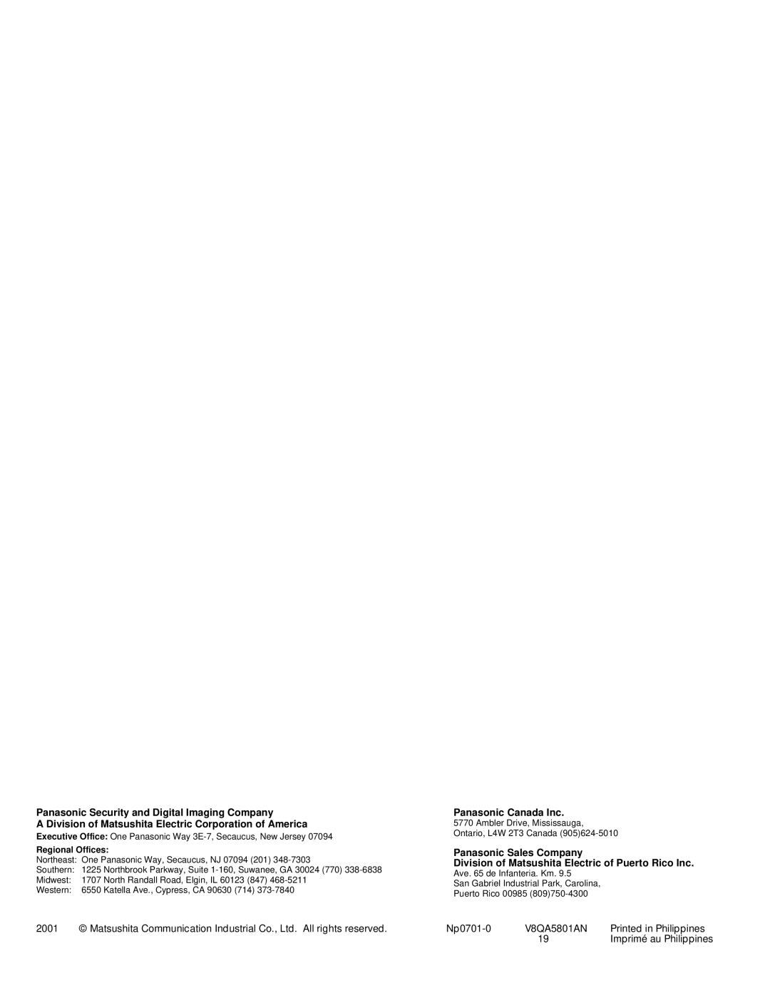 Panasonic WV-BM1790 operating instructions Panasonic Canada Inc 