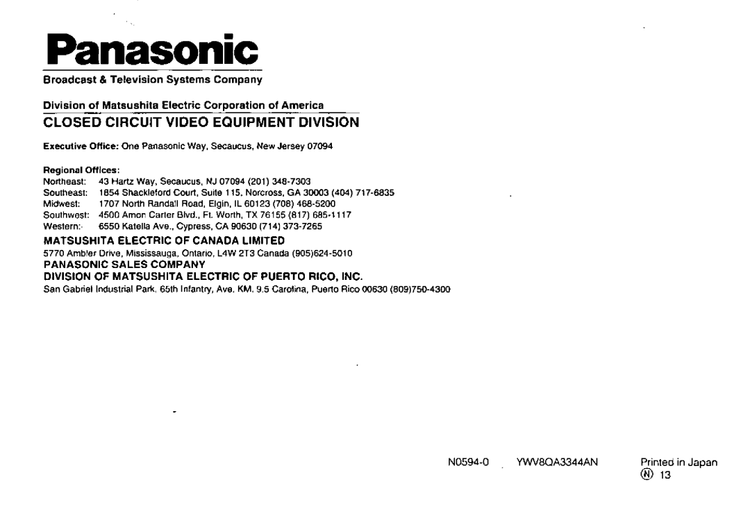 Panasonic WV-BM1900 manual 