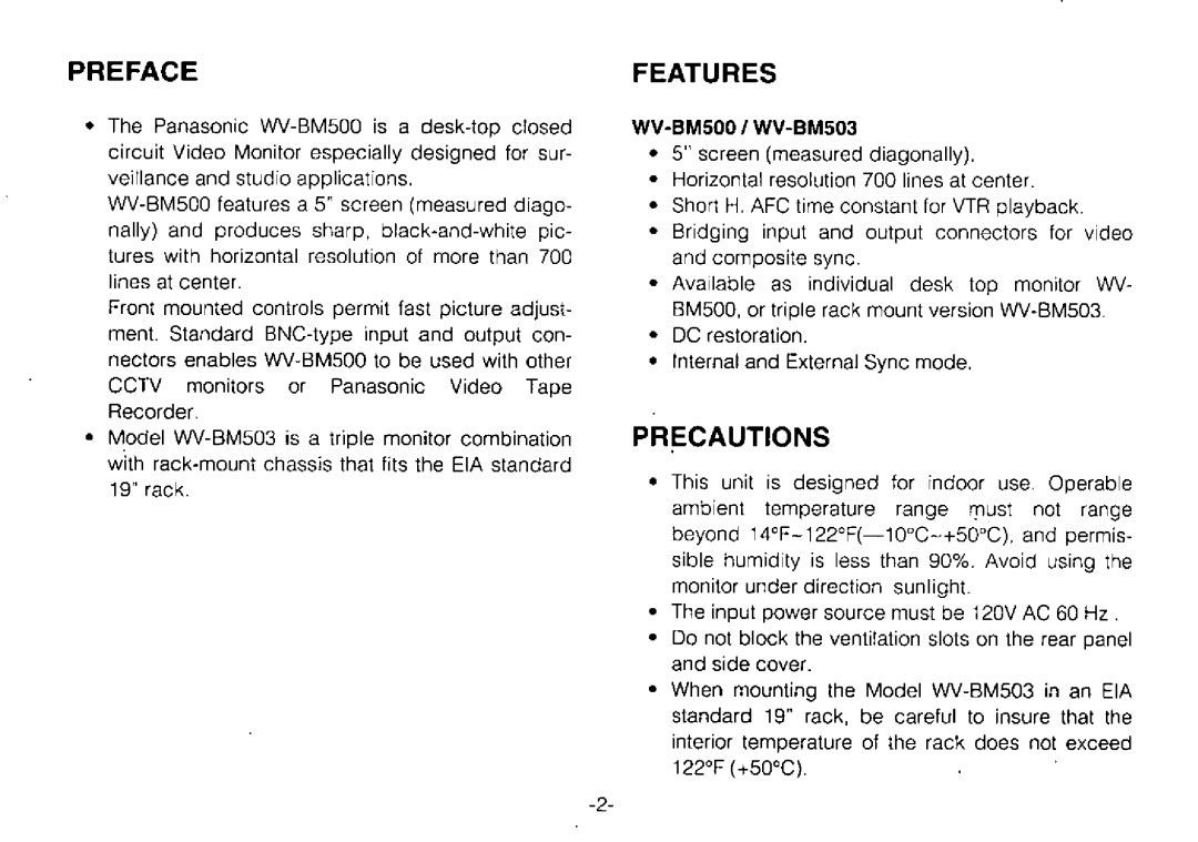 Panasonic WV-BM500, WV-BM503 manual 