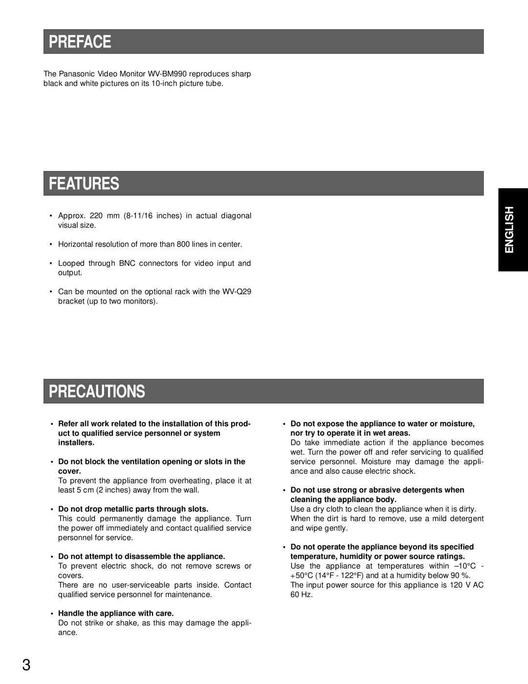 Panasonic WV-BM990 operating instructions Preface, Features, Precautions 