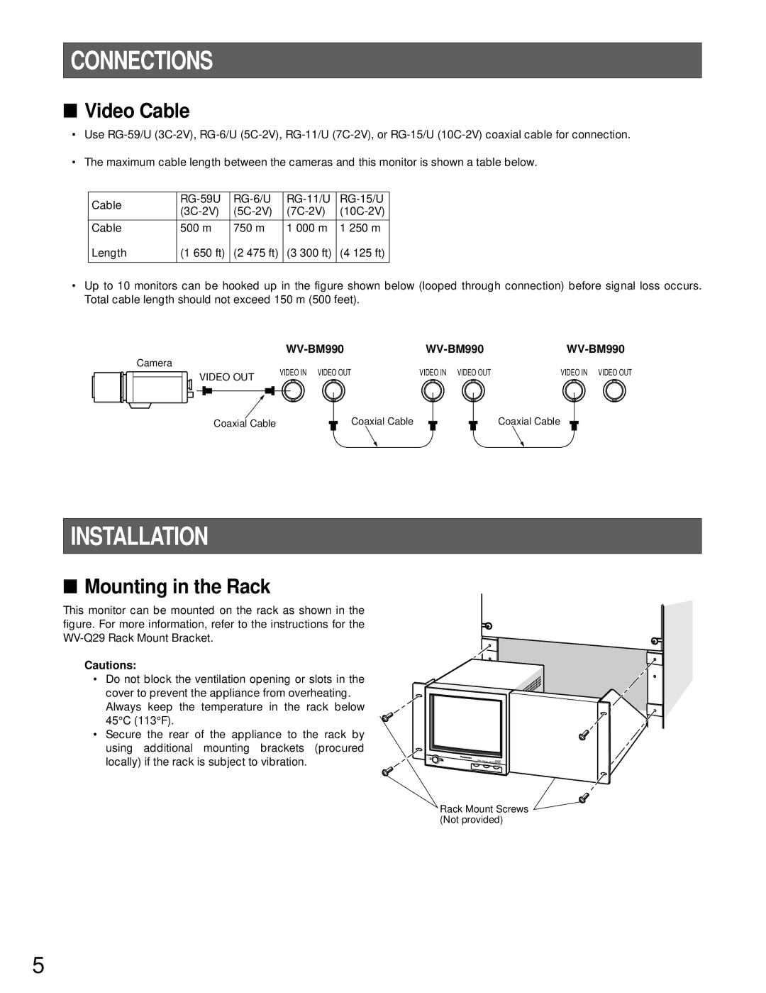 Panasonic WV-BM990 operating instructions Connections, Installation 