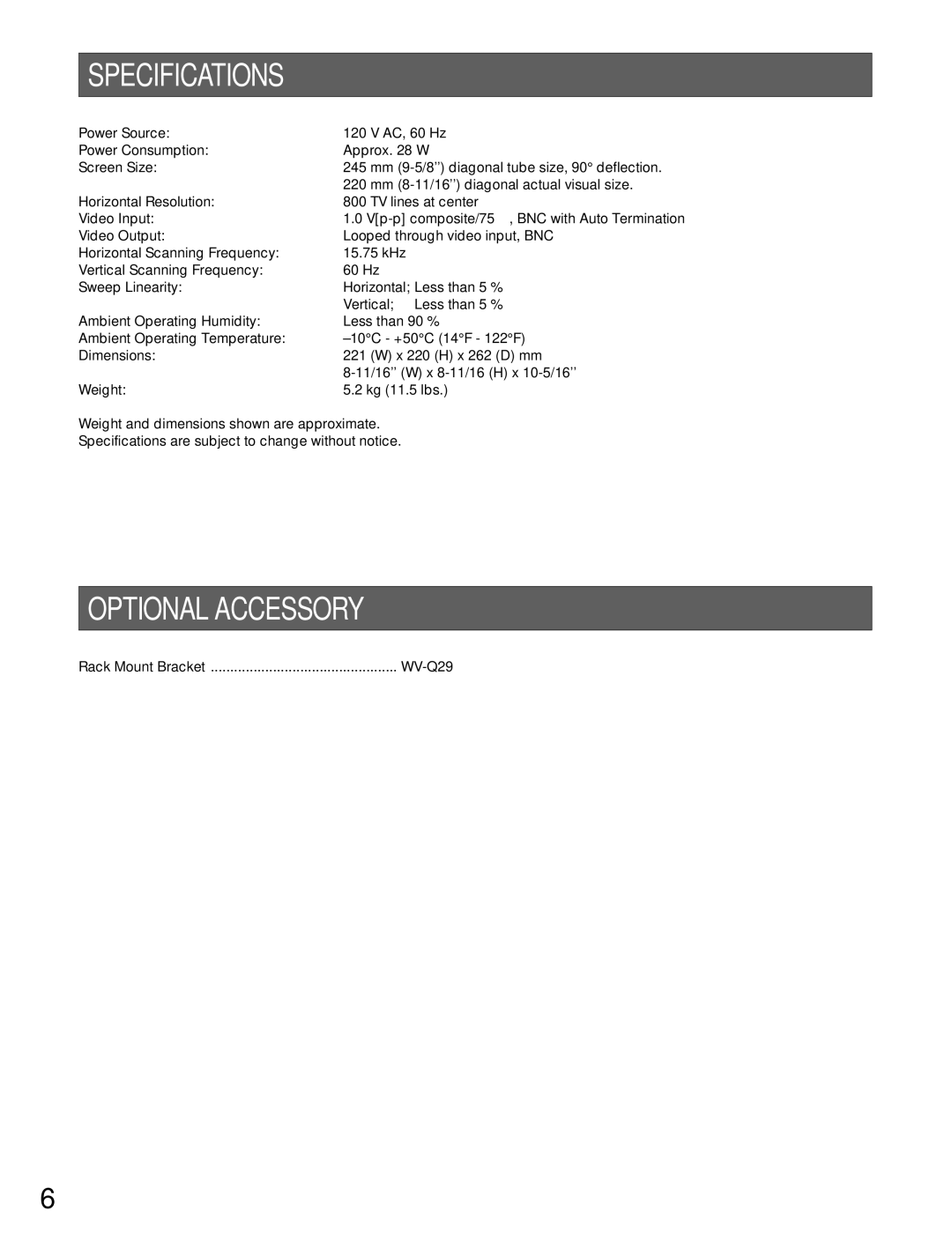 Panasonic WV-BM990 operating instructions Specifications, Optional Accessory 